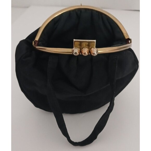 Vintage Black Material Handbag Purse Bag Classy Golden Tone Hardware - Picture 7 of 9